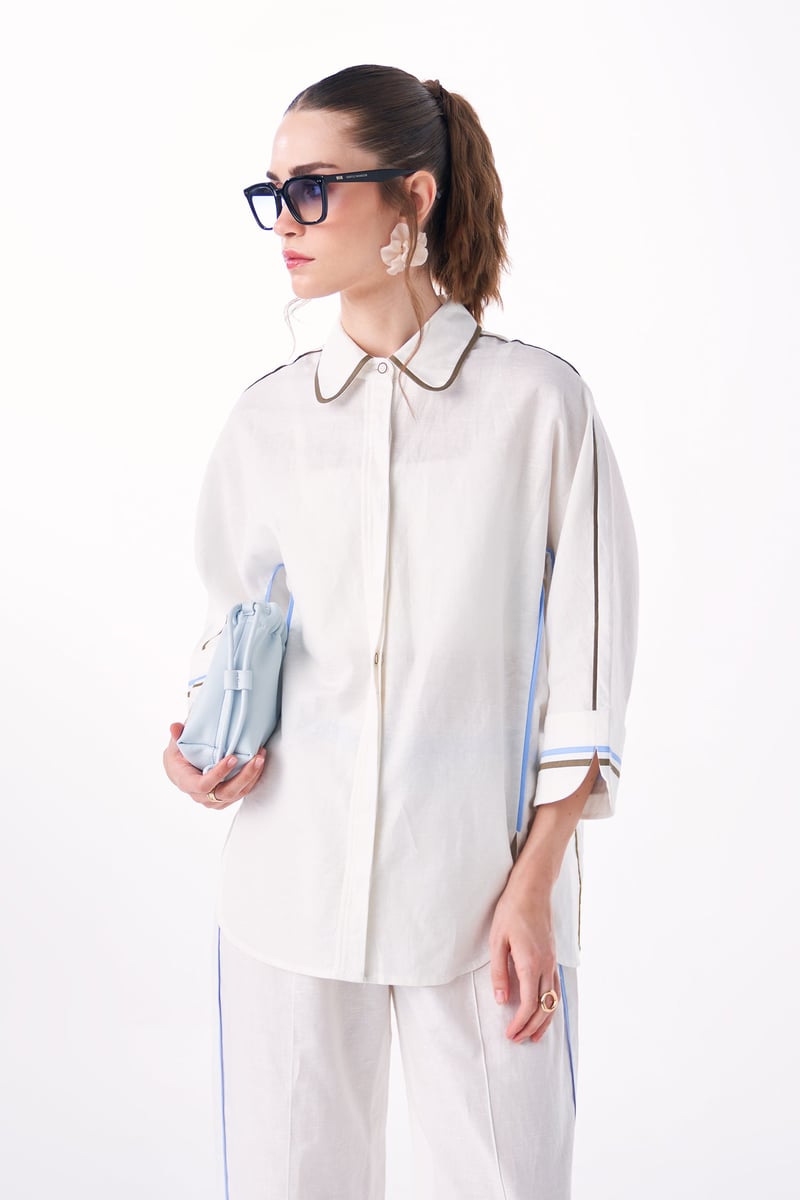 White Cotton-Linen Anti-Fit Shirt with Back Embroidery