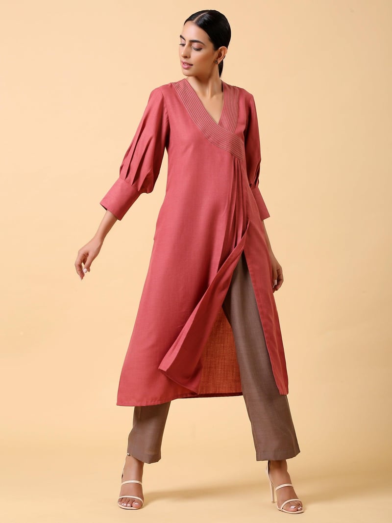 Rust Red Cotton Linen Straight Kurta Pant Set