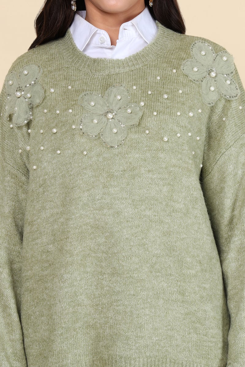 Green Floral Applique Embellished Pullover Sweater