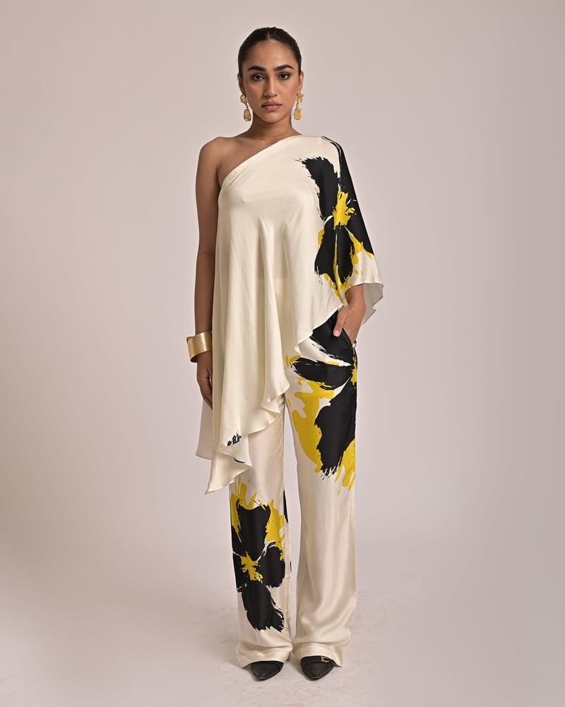 Ivory One-Shoulder Modal Satin Printed Long Top