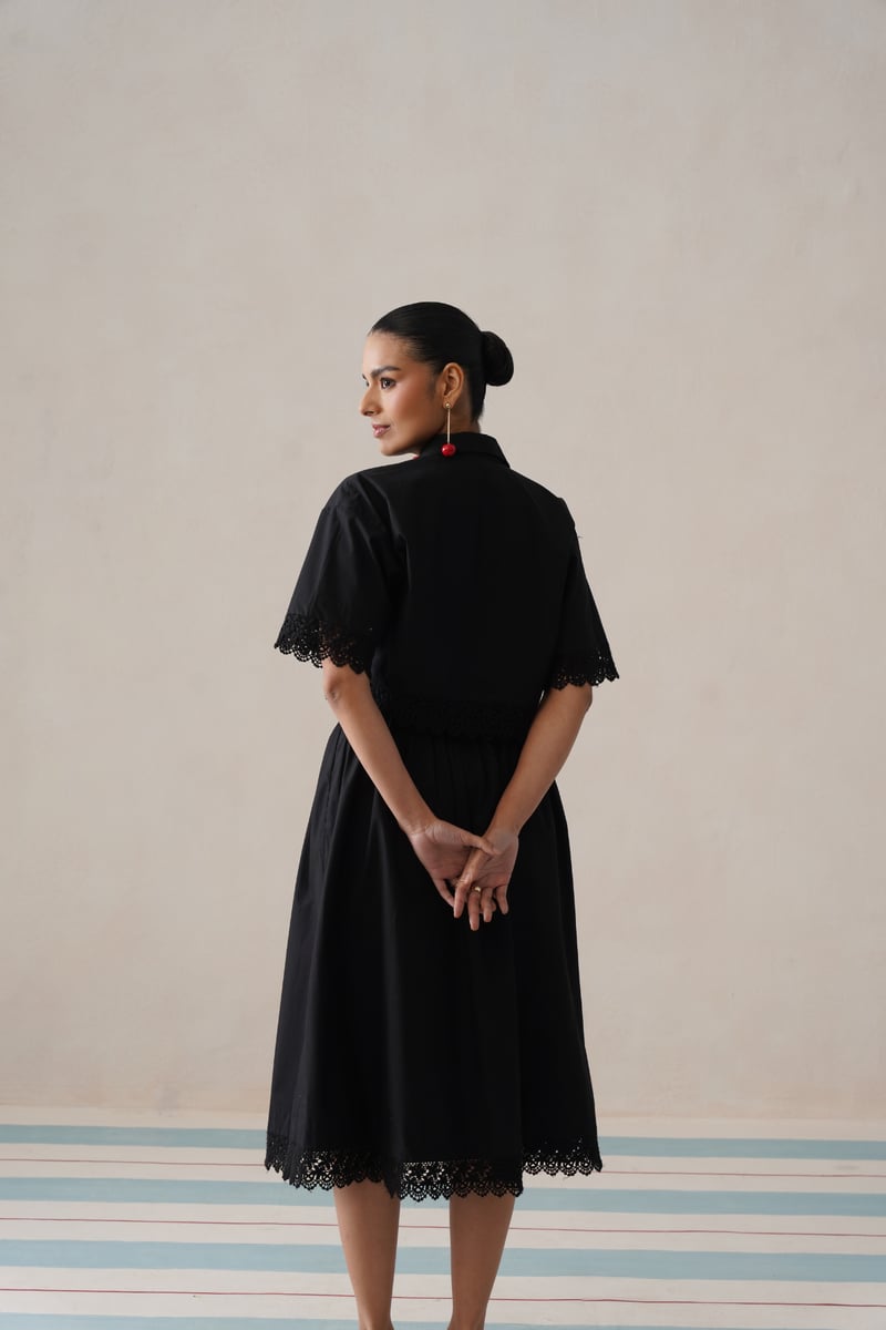 Black Cotton Co-ord Set with Cropped Shirt and Midi Skirt