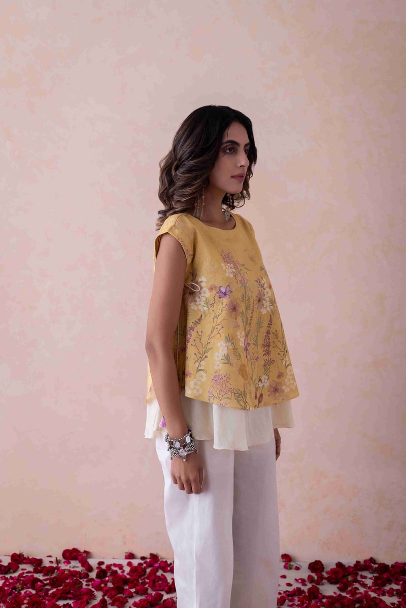 Yellow Floral Printed Sleeveless A-Line Top