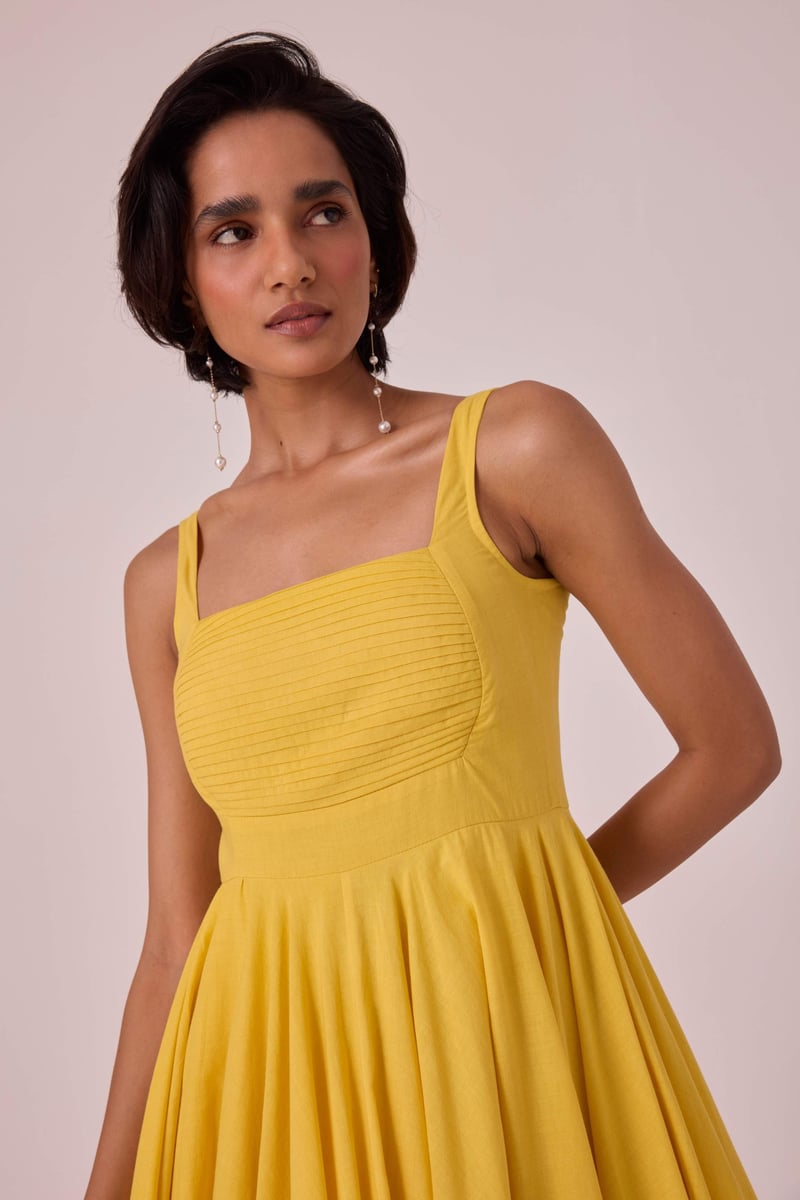 Yellow Fit and Flare Square Neck Midi Dress