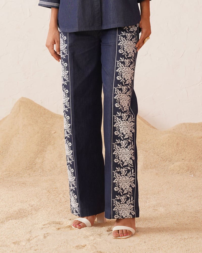 Blue Denim Cross-Stitch Embroidered Co-ord Set