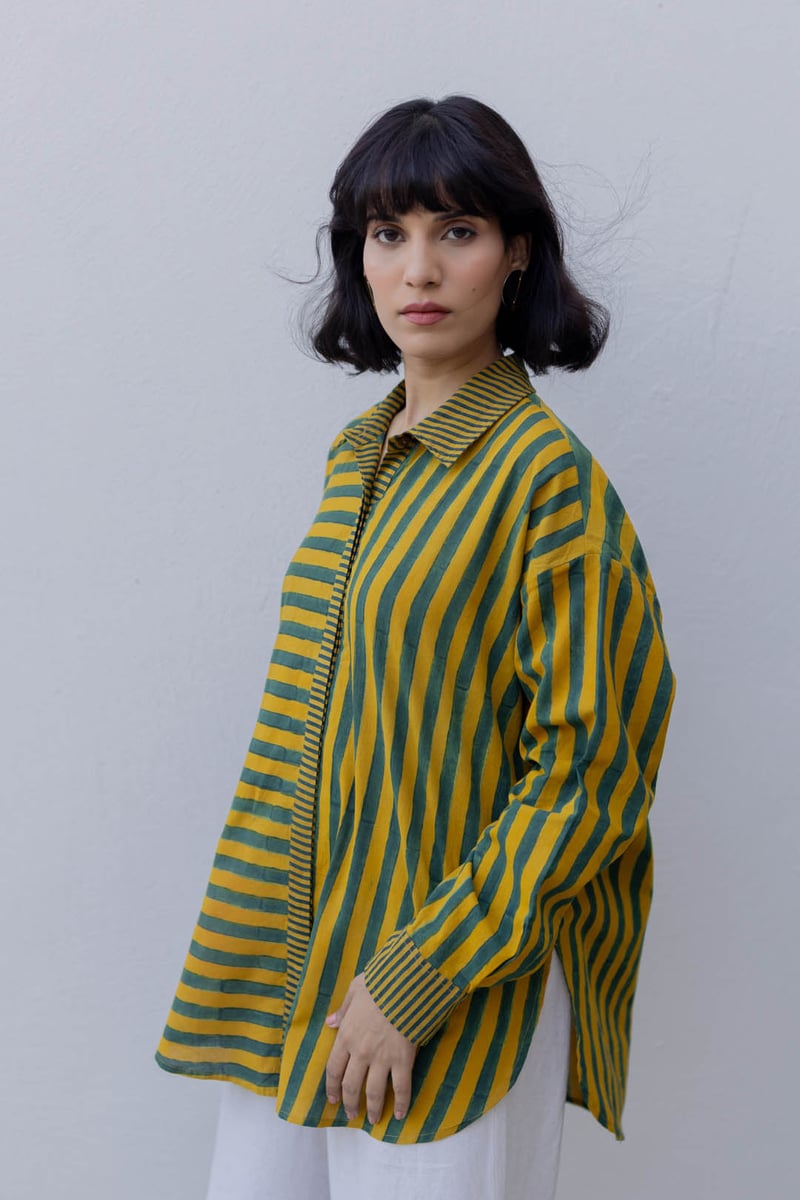 Moss Green and Mustard Striped Relaxed Fit Shirt