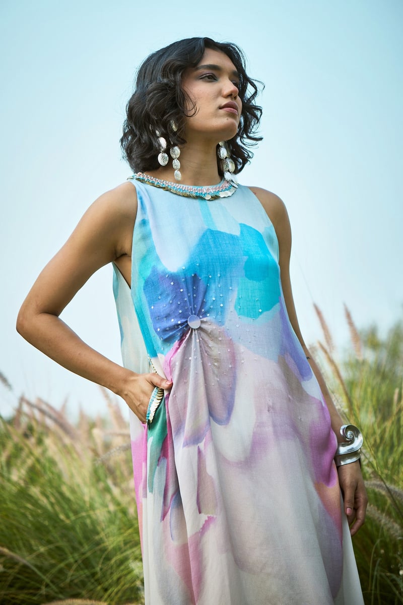 Off-White and Blue Ombre Printed Chiffon Maxi Dress