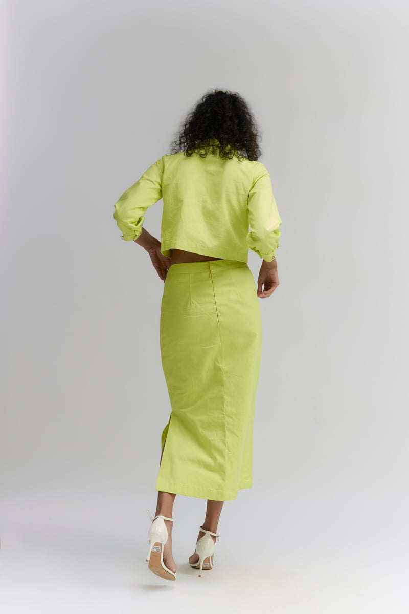 Lime Green Embroidered Pencil Midi Skirt Set