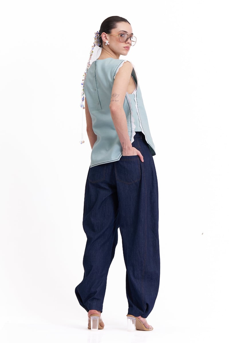 Dark Blue Denim Barrel-Leg Trousers with Pockets