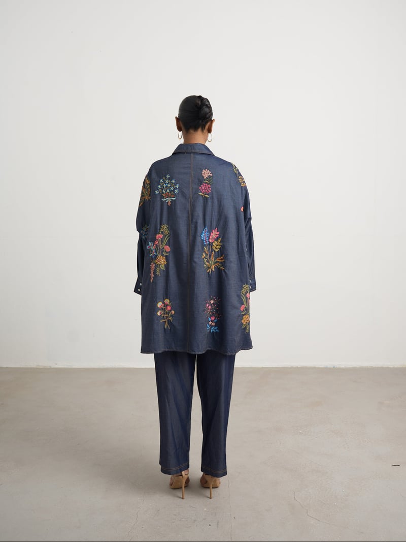 Blue Denim Embroidered Shirt and Wide-Leg Pants Co-ord Set