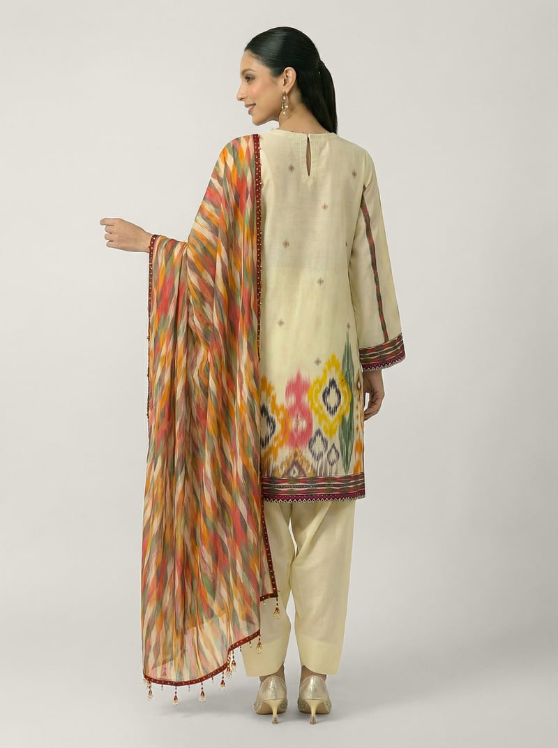 Off-White Printed Muslin Silk Kurta Set with Dupatta