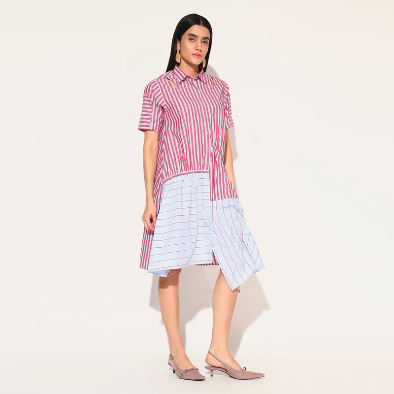 Red and Blue Colorblocked Striped Shirt Dress