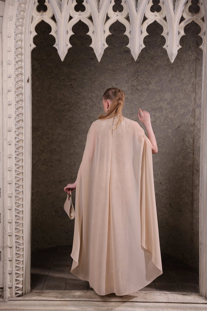 Cream Hand-Embellished Cape Maxi Gown