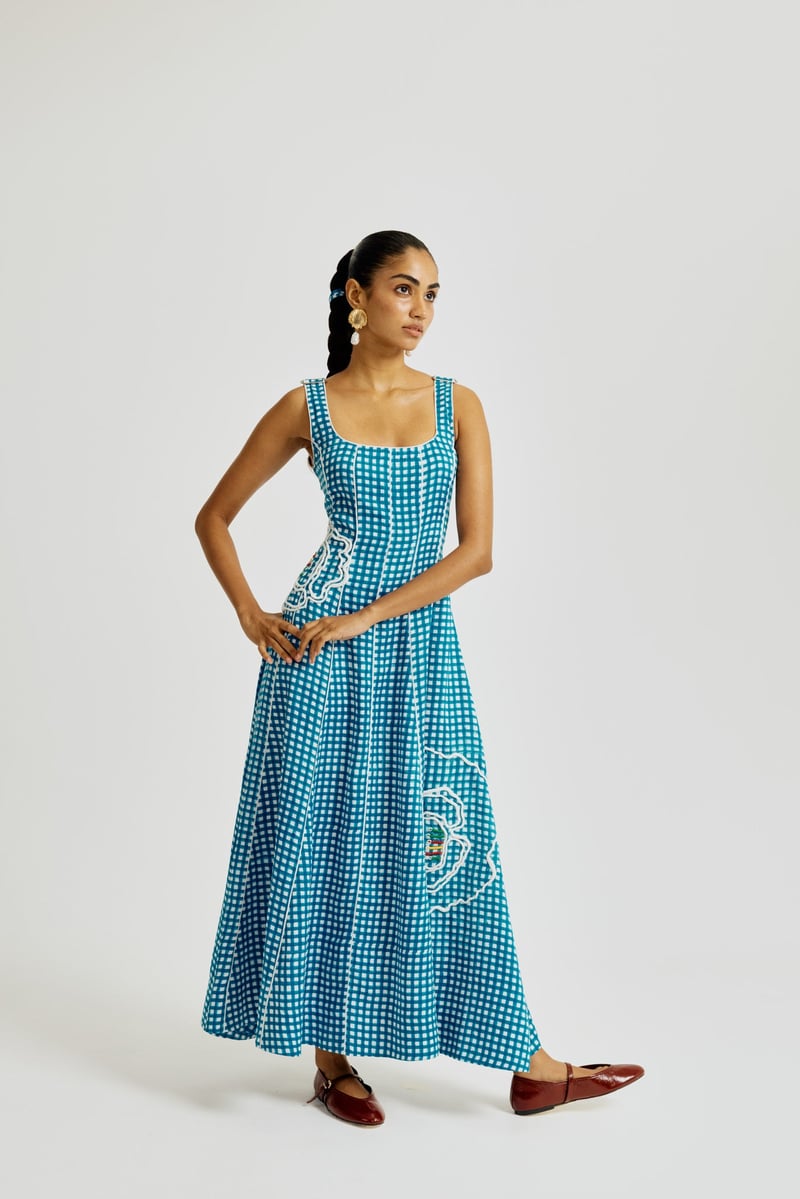 Blue and White Checked Fit and Flare Midi Dress