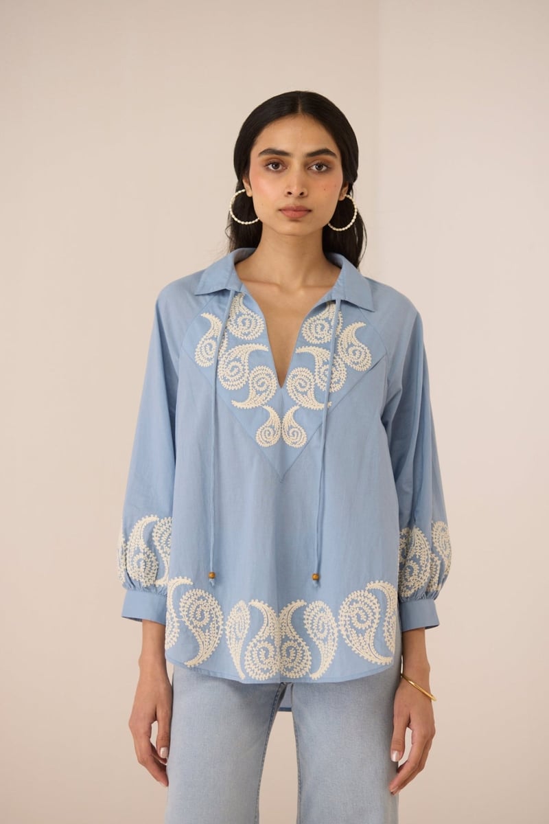 Dusty Blue Cotton Embroidered Oversized Blouse