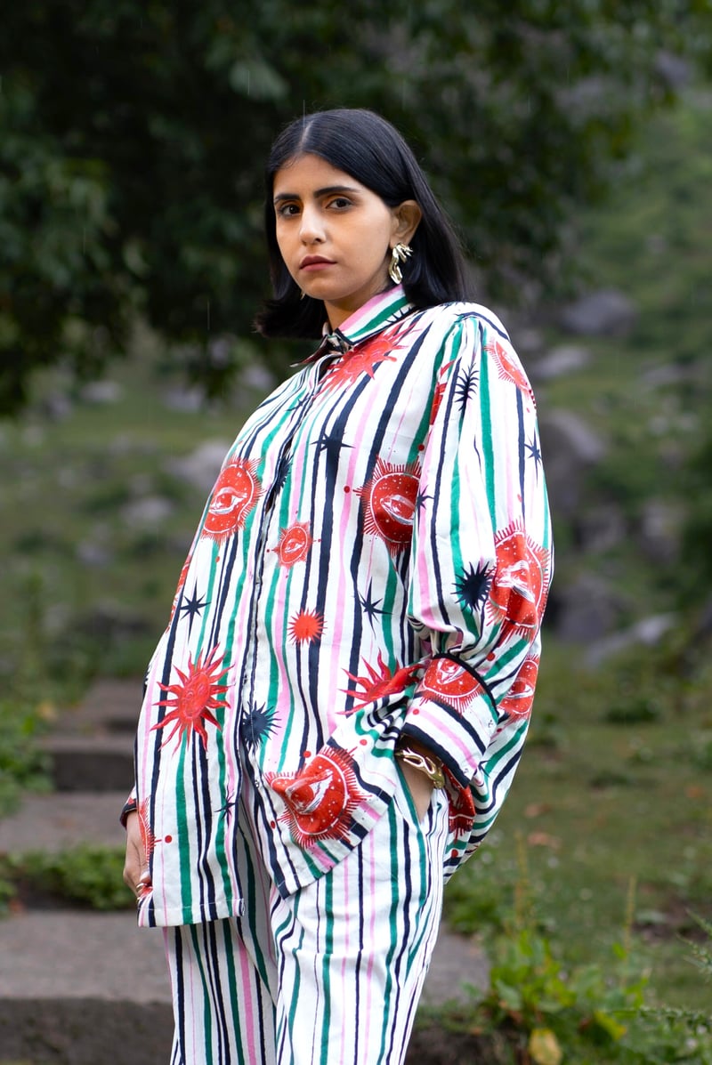 White and Green Striped Celestial Print Button-Down Shirt