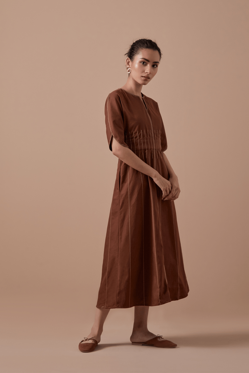 Brown Organic Cotton Twill A-Line Midi Dress