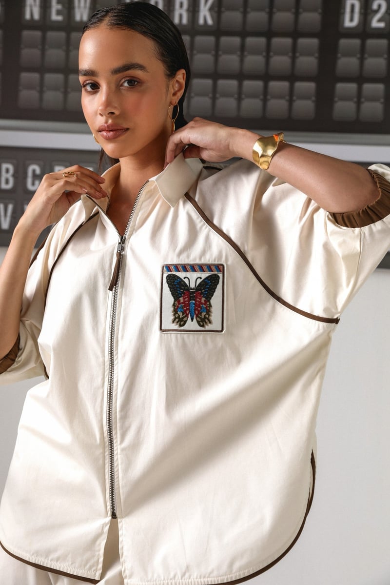 Cream Zip-Front Shirt and Pants Co-ord Set