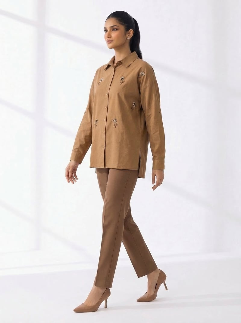 Brown Tonal-Embellished Button-Down Shirt