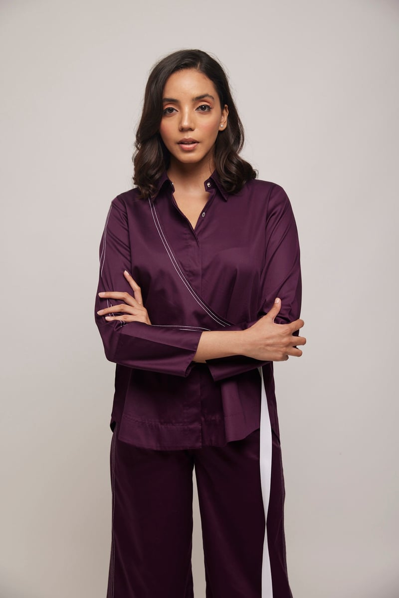 Purple Cotton Satin Shirt and Wide-Leg Pants Co-ord Set
