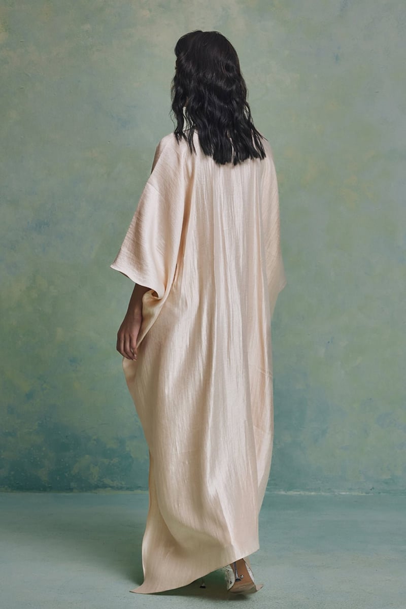 Beige Banarasi Tissue Kaftan with Tie Belt