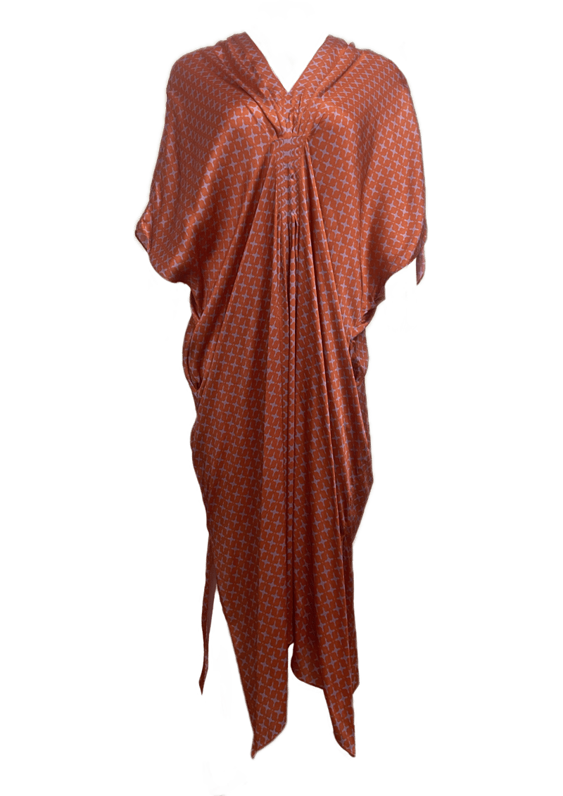 Orange Printed Maxi Kaftan with V-Neck and Pockets