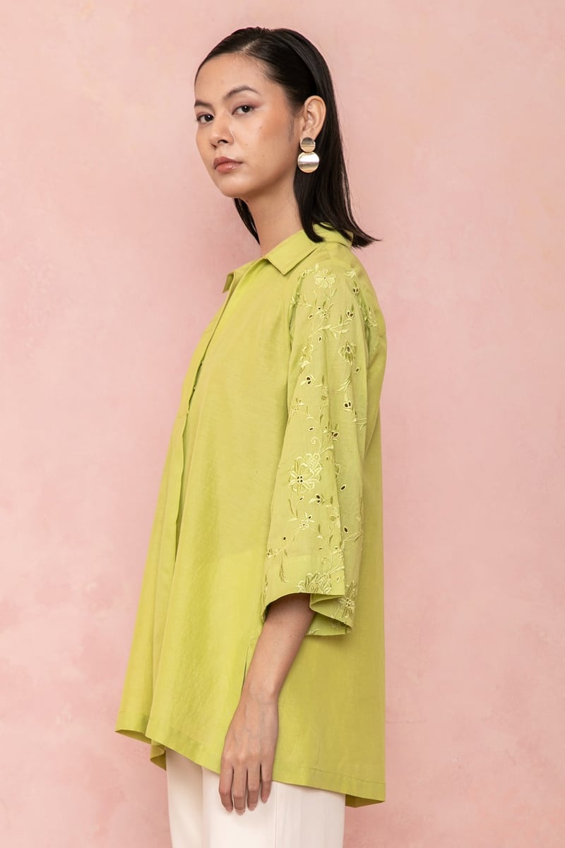 Bright Green Shirt with Embroidered 3/4 Sleeves