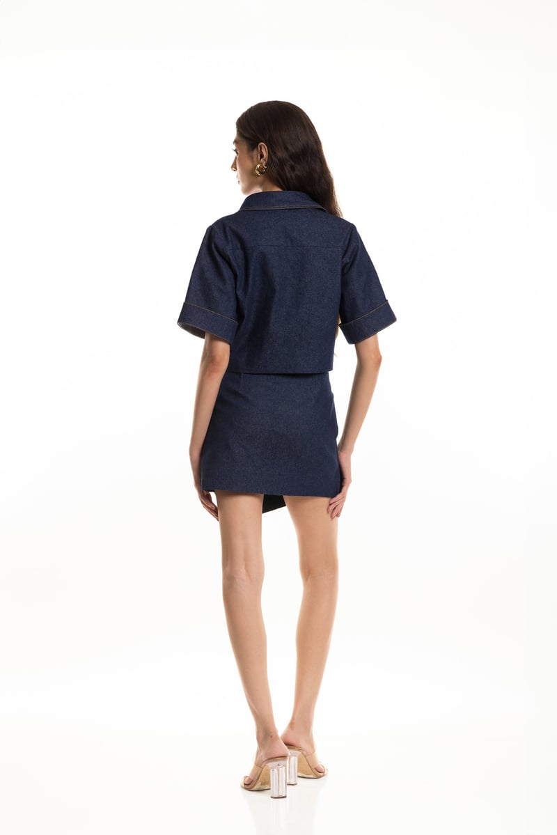 Denim Blue Cropped Boxy Collared Top with Side Buttons