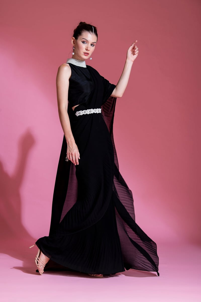 Midnight Black Pre-Draped Pleated Georgette Saree Set