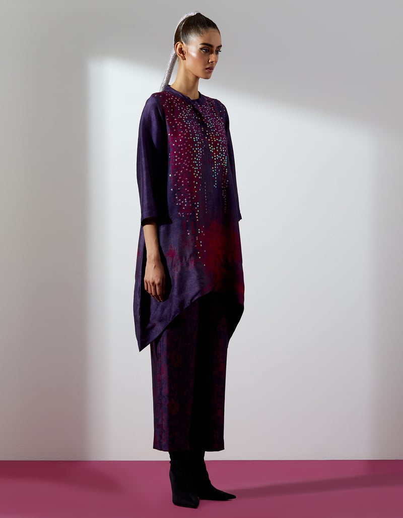 Maroon Purple Dupion Silk Kurta Pant Co-ord Set