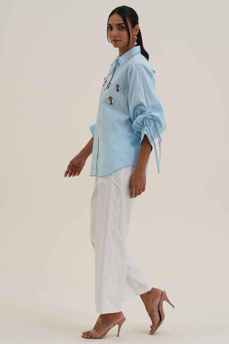 Powder Blue Cotton Shirt with Honey Bee Patch Motifs