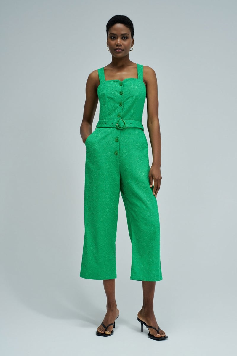 Medium Green Embroidered Belted Cropped Jumpsuit