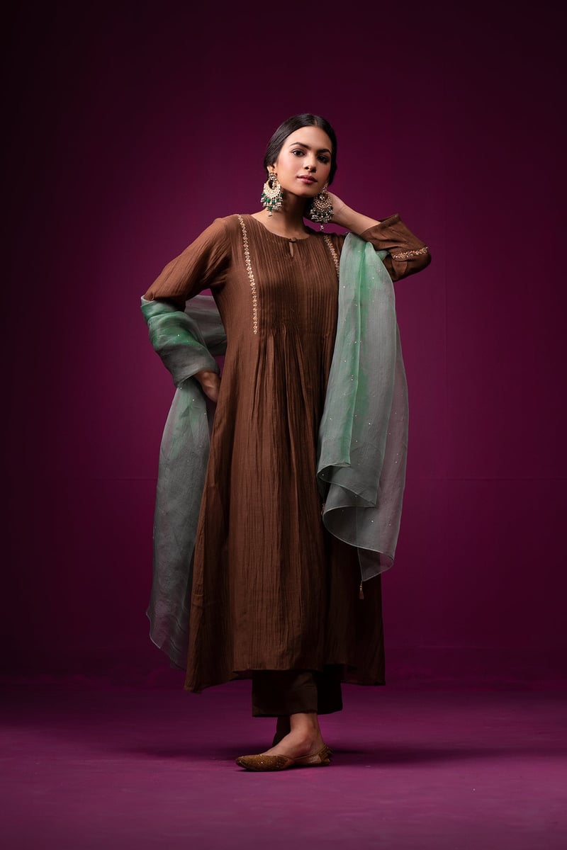 Brown Silk Chanderi Hand-Embroidered Kurta Set