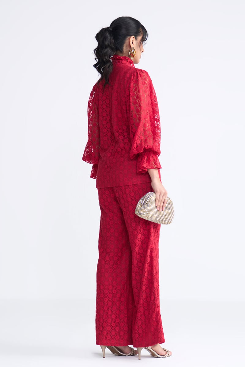 Red Lace Button-Front Co-ord Set with Flared Pants