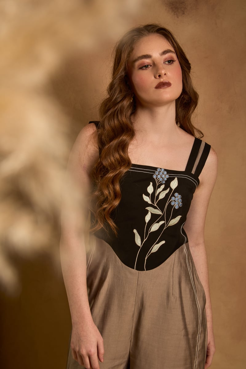 Black and Copper Colorblock Embroidered Jumpsuit