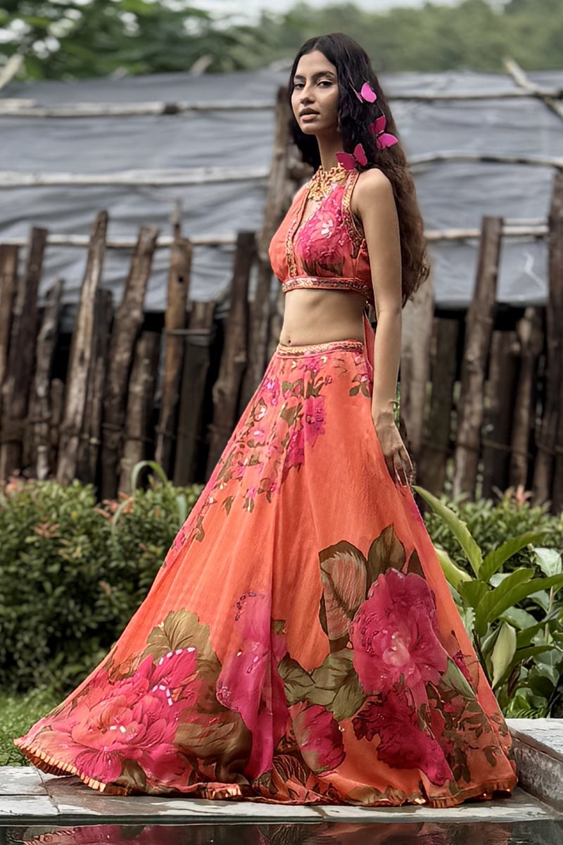 Orange Floral Organza Lehenga Set with Tie-Back Choli