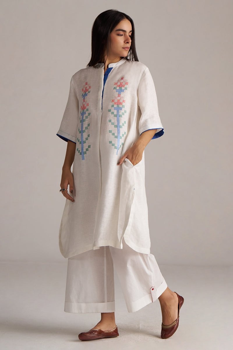 White Linen Embroidered Kurta and Pants Co-ord Set