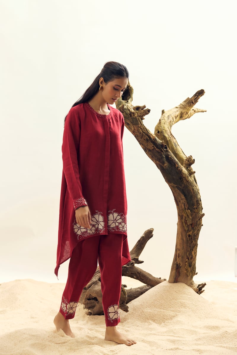 Crimson Linen Tunic and Tapered Pants Co-ord Set