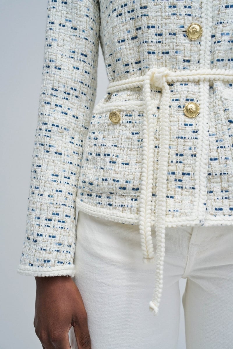 Pearl Tweed-Textured Belted Button-Front Coat