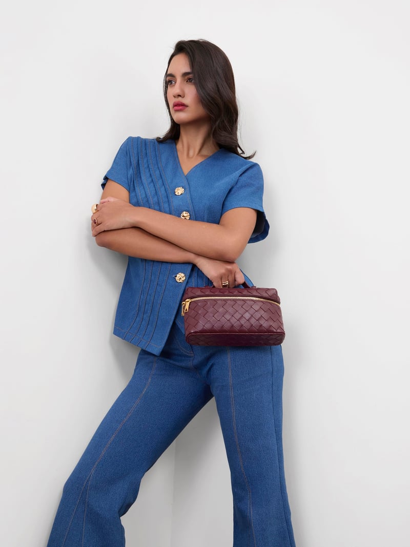 Medium Blue Asymmetrical Denim Wrap Top
