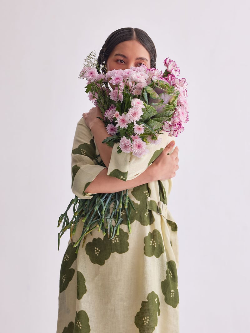 Green Poppy Gauze Linen Floral Midi Dress