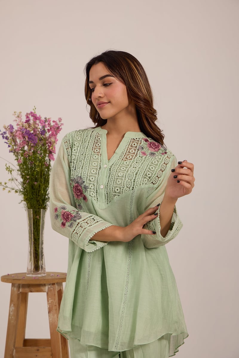 Sea Green Mul Chanderi Lace Yoke Tunic Pant Co-ord Set