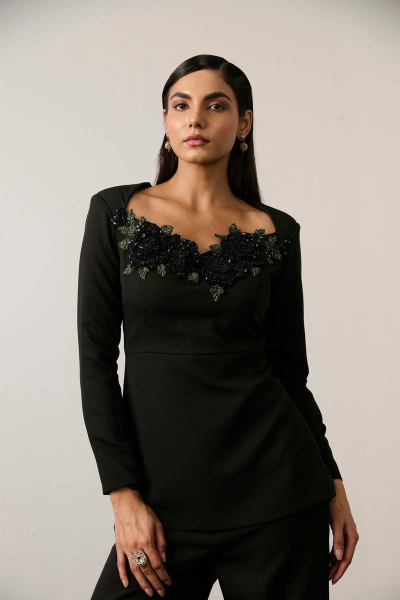 Black Embellished Peplum Top and Wide-Leg Co-ord Set