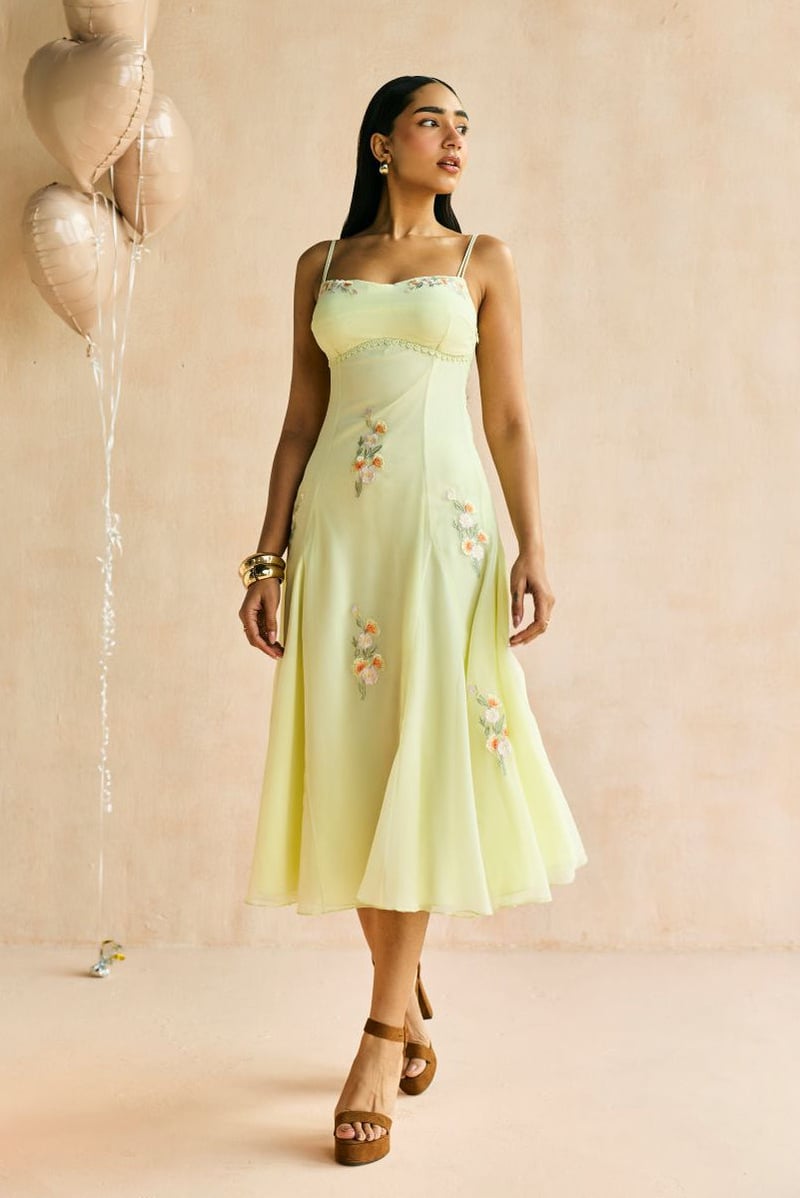 Buttercup Embroidered Godet Midi Dress