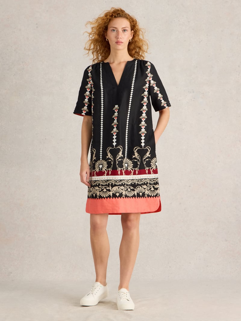 Black Printed Linen Shift Mini Dress — White Stuff