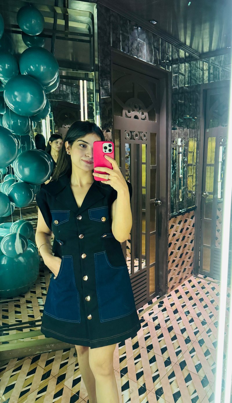 Blue Dual-Tone Denim Mini Shirt Dress with Utility Pockets