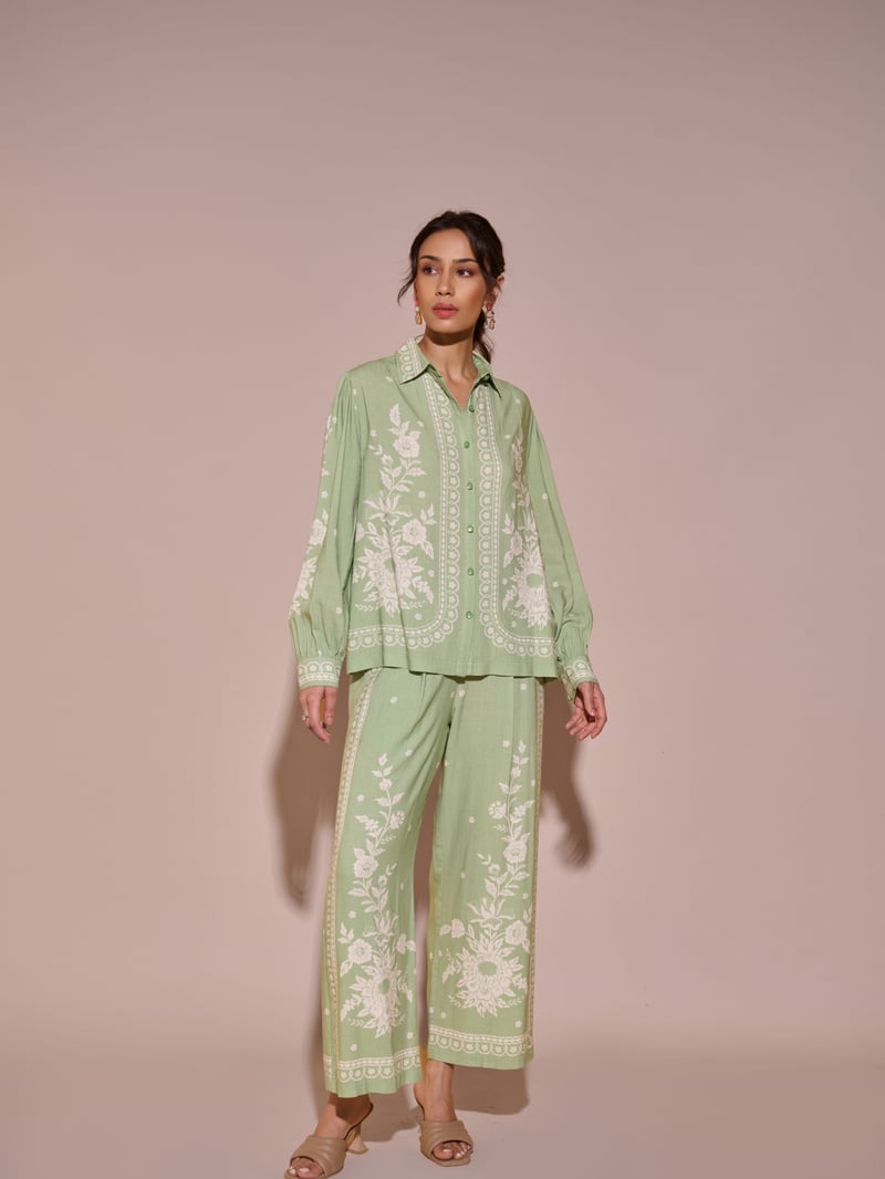 Green Floral Printed Wide-Leg Trousers