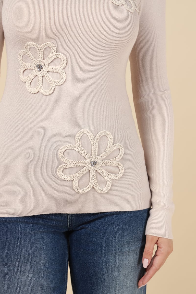 Beige Rib-Knit Pullover Sweater with Floral Applique