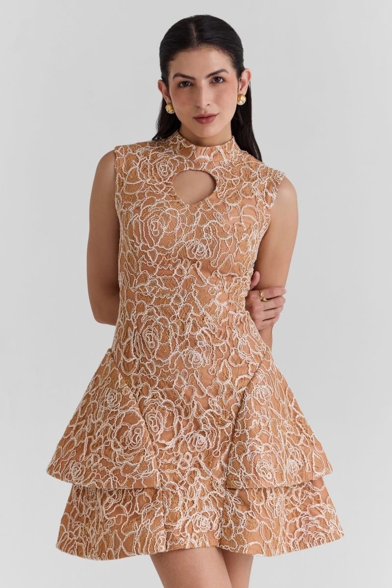 Beige Lace Fit and Flare Mini Dress with Keyhole Neck