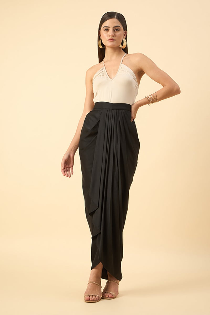Black Waterfall Drape Maxi Skirt