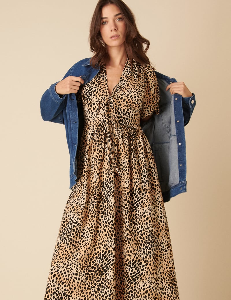 Brown Leopard Print V-Neck Puff Sleeve Midi Dress